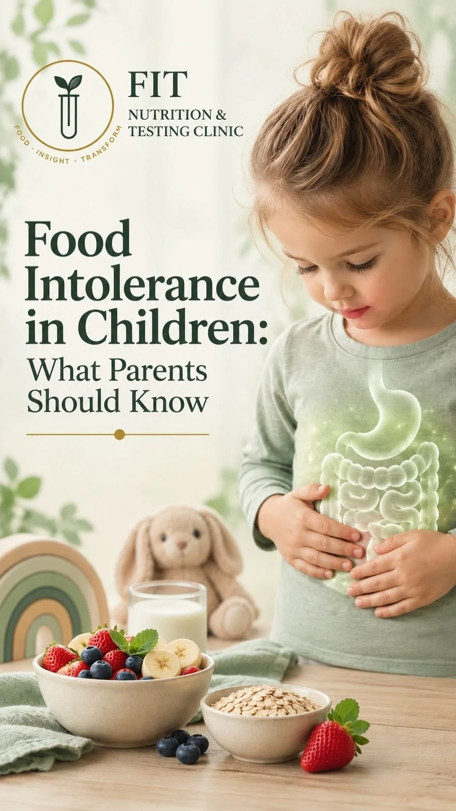 pinterest image of child holding stomach and looking at bowls of food for Food Intolerance in Children: What Parents Should Know blog