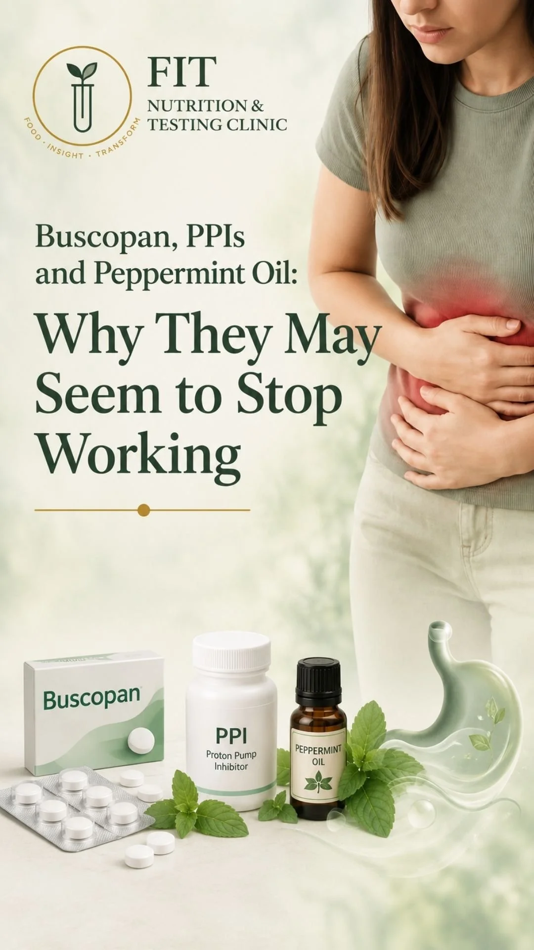 pinterest image for buscopan, PPI and peppermint oil blog. medications surrounded by mint leaves and woman clutching at stomach with red glow to indicate pain