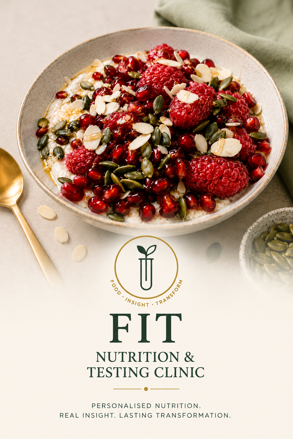 FIT jewelled berry glow bowl with creamy oat base topped with fresh raspberries, pomegranate seeds, pumpkin seeds, flaked almonds and a honey drizzle