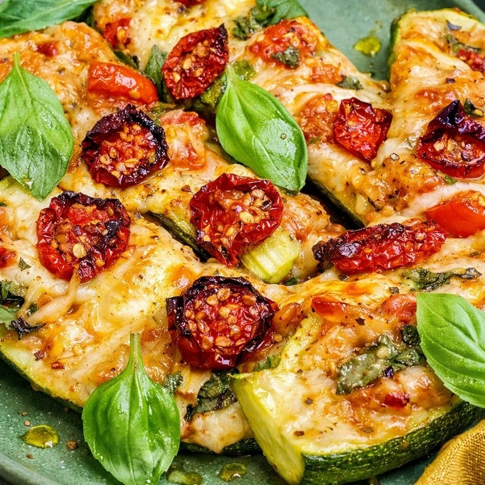 Low Allergen Cheese, Tomato and Basil Courgette Pizza Boats