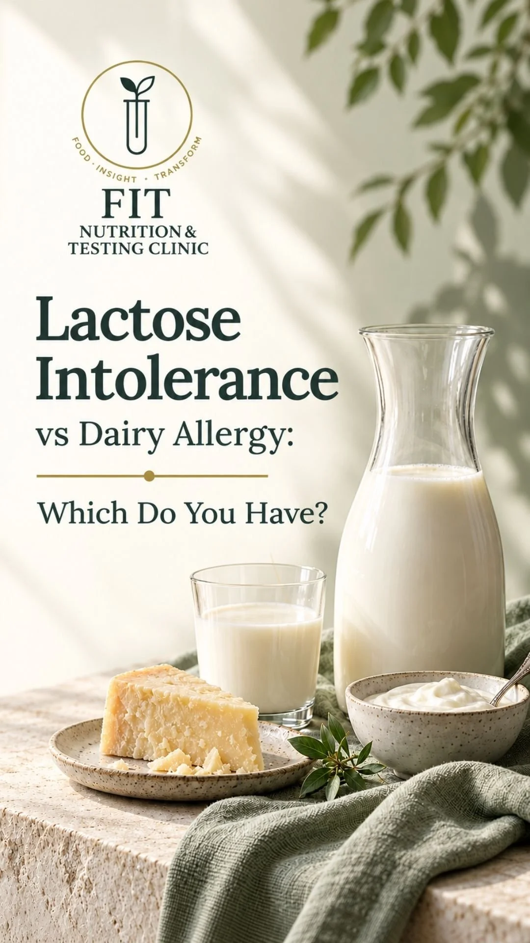 lactose intolerance pinterest image, milk in jug, cheese and yoghurt