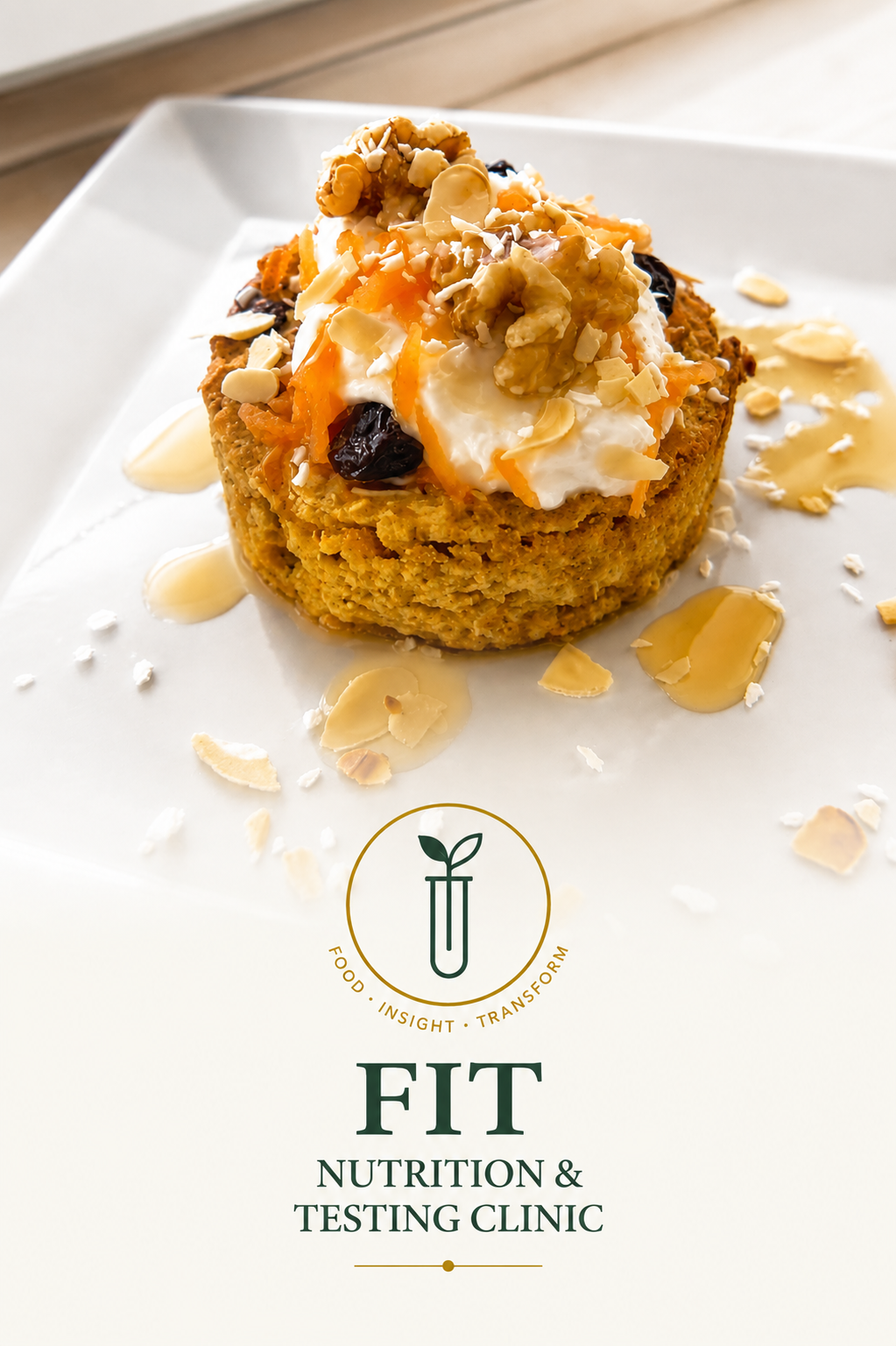 Carrot cake baked oats topped with fruit and nuts and sitting on a white plate and drizzled with honey