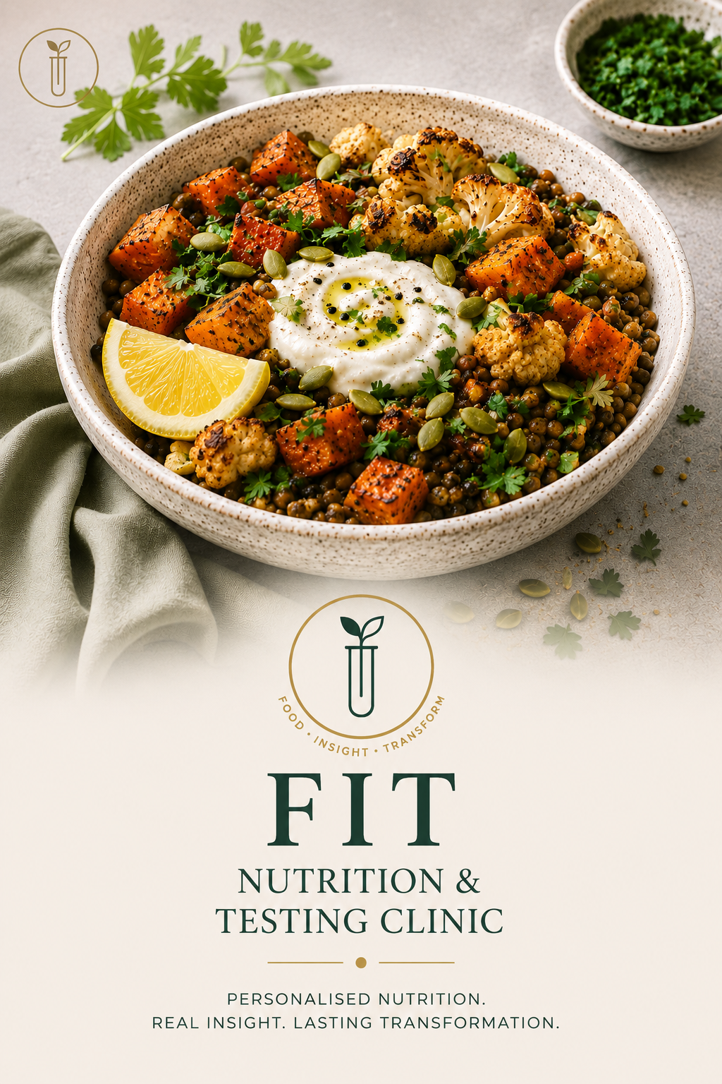 FIT roasted roots and lentil balance bowl with sweet potato, cauliflower, lentils, pumpkin seeds, fresh parsley and a tahini-lemon drizzle