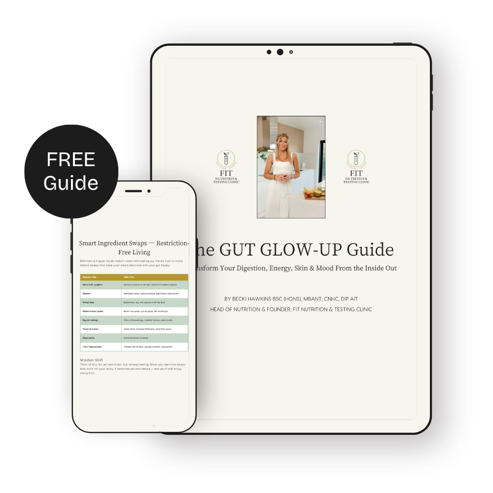 Smartphone and tablet with front cover of The Gut Glow-Up Guide on the front, with small sticker saying 'Free Guide'