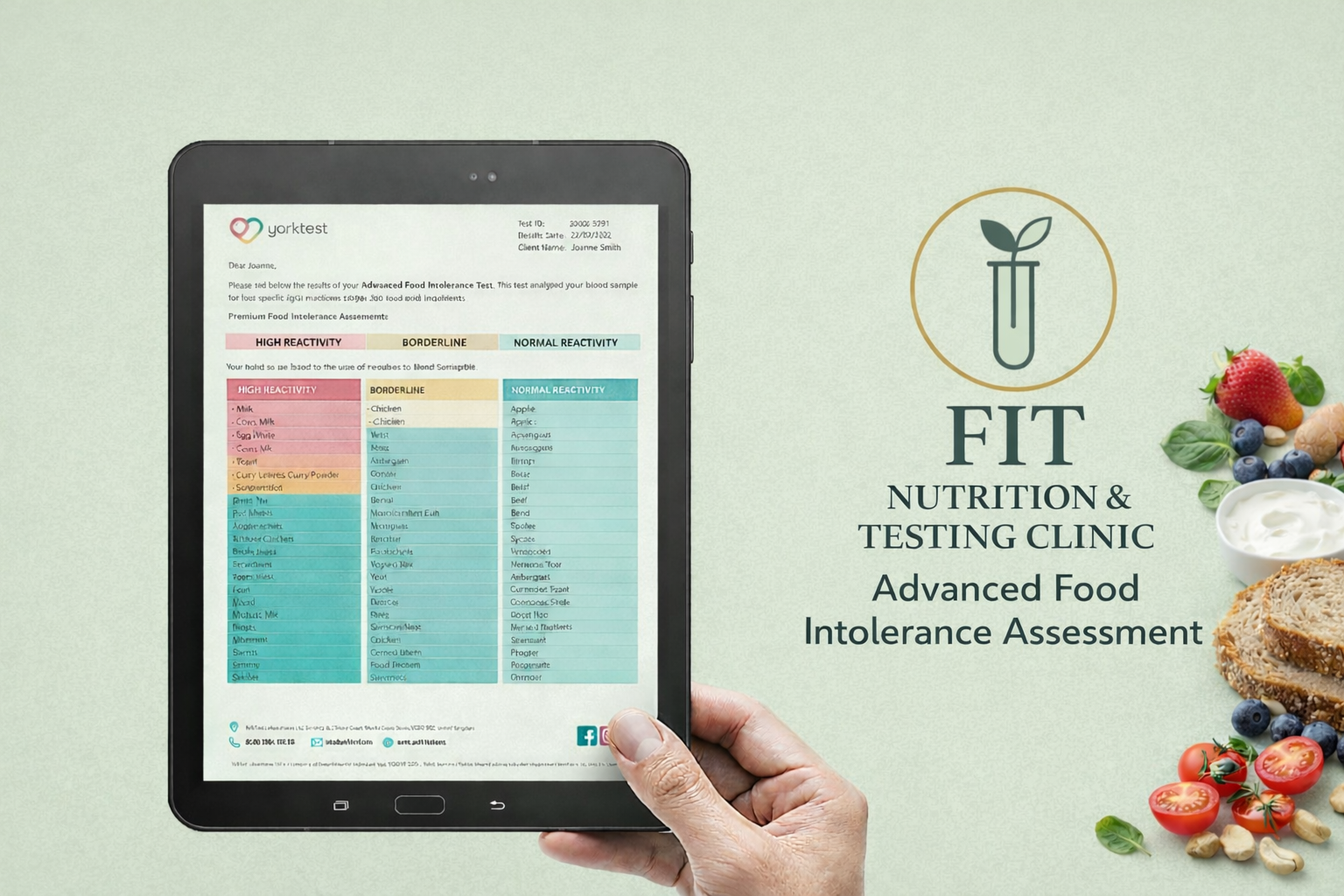 Hand holding a tablet showing Food Intolerance Test with FIT Nutrition logo next to it.