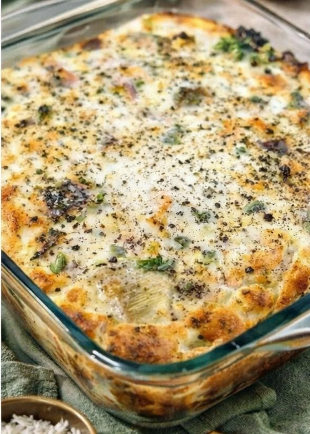 FIT salmon and broccoli protein bake golden and set in a glass baking dish, topped with cracked black pepper and fresh herbs