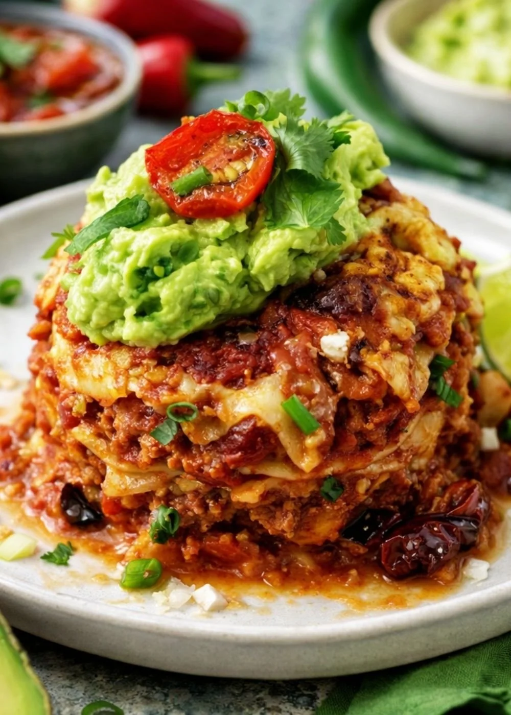 serving of gluten-free mexican style lasagne with a generous dollop of guacamole on top