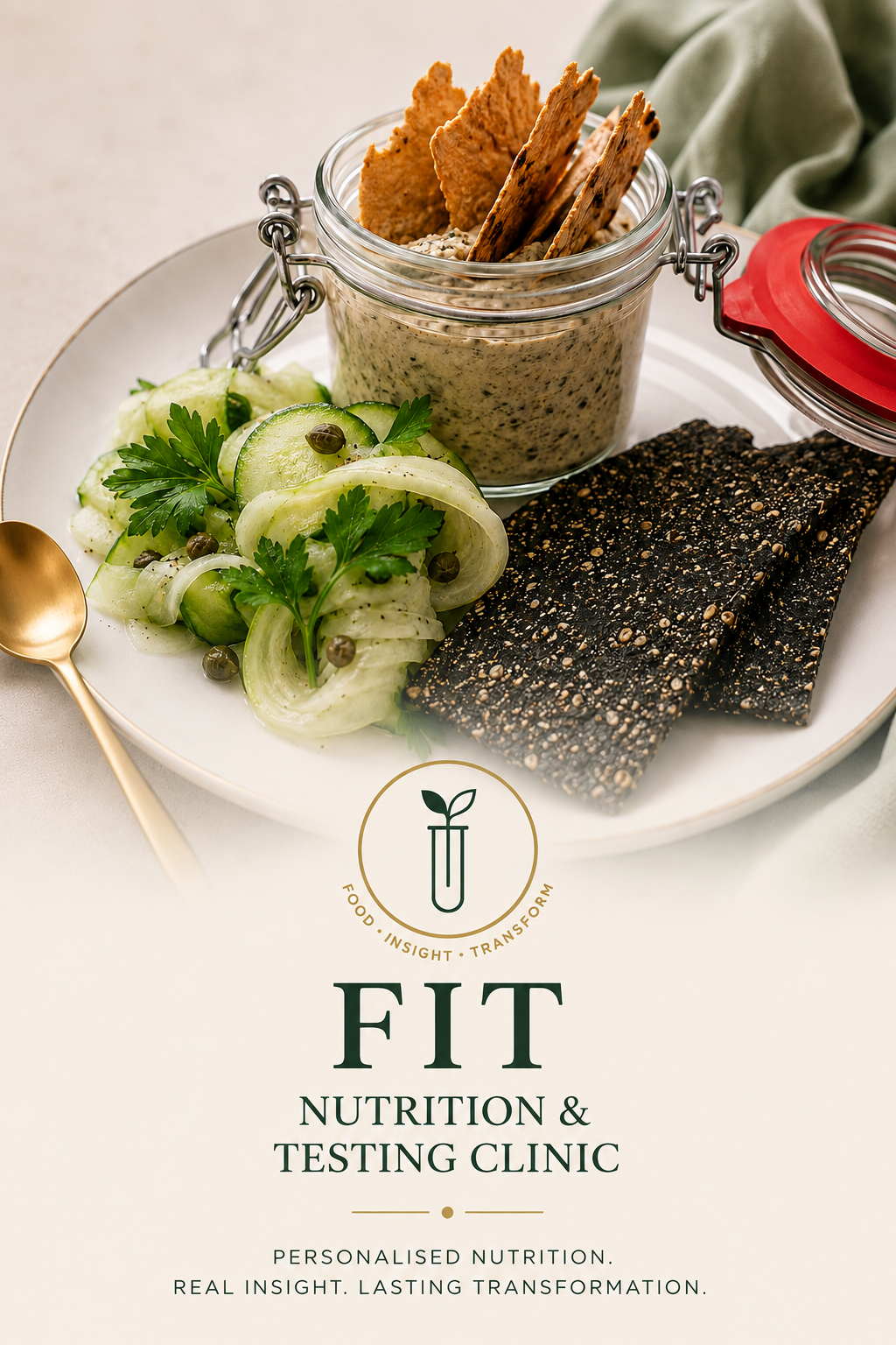 smoke mackerel pate in a pot with crackers and cucumber garnish