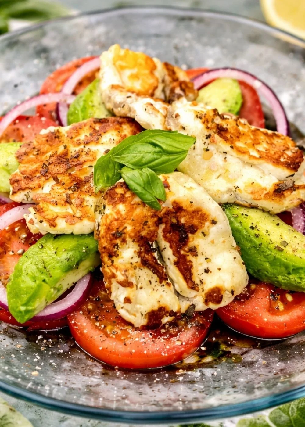 close-up of delicious halloumi, tomato and avocado salad.