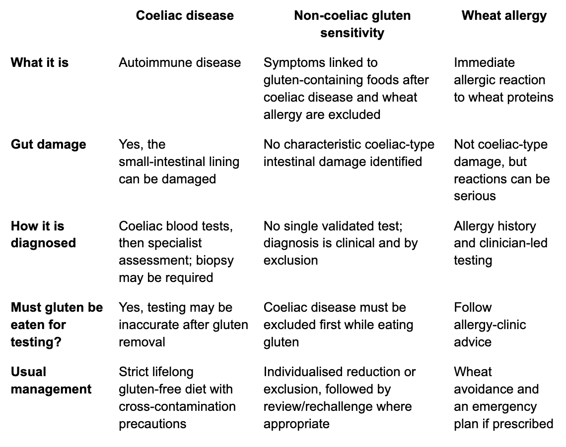 Table showing specifics of Gluten intolerance vs coeliac disease