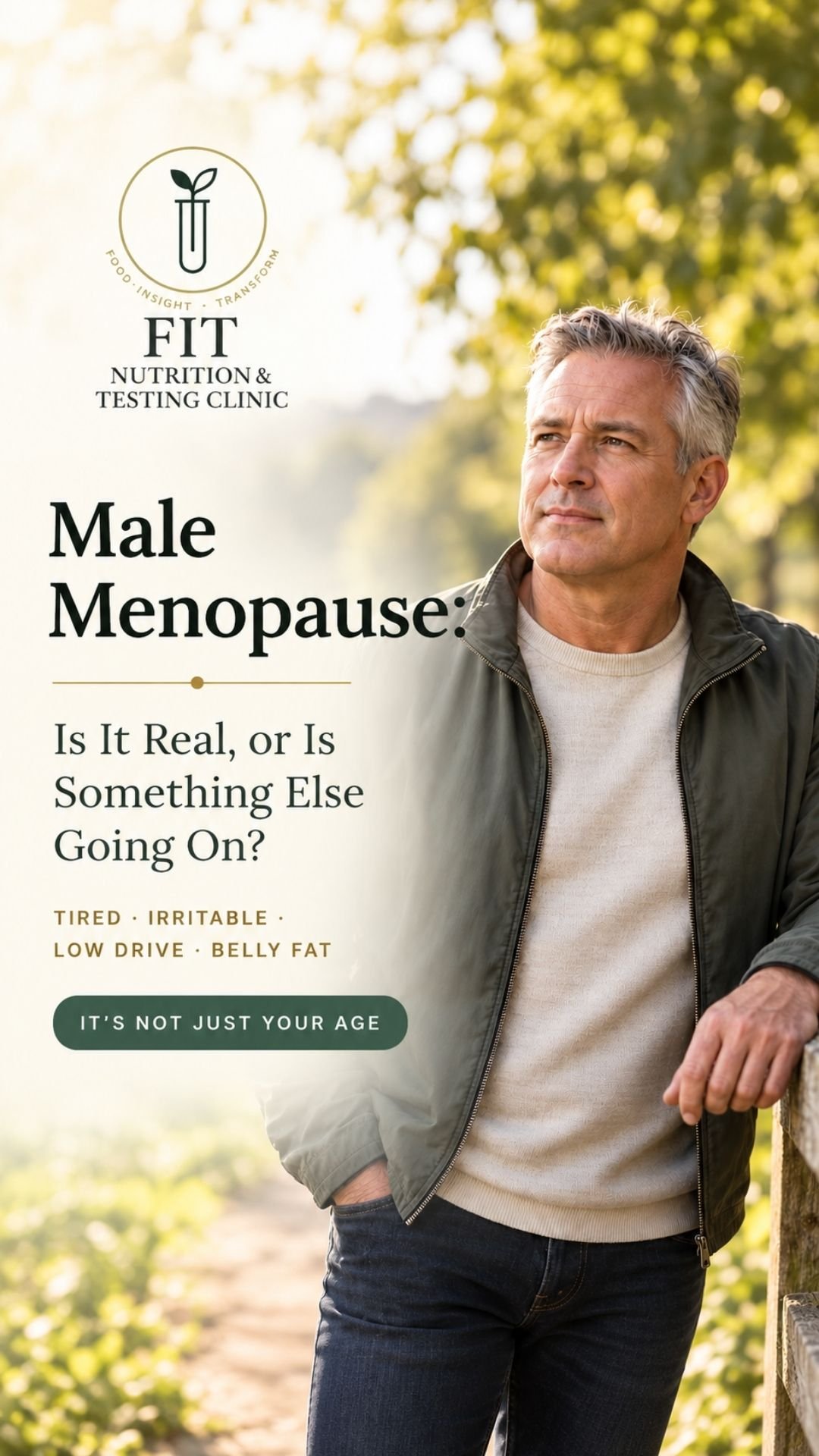 man with grey hair looking away into the distance for pinterest post about male menopause