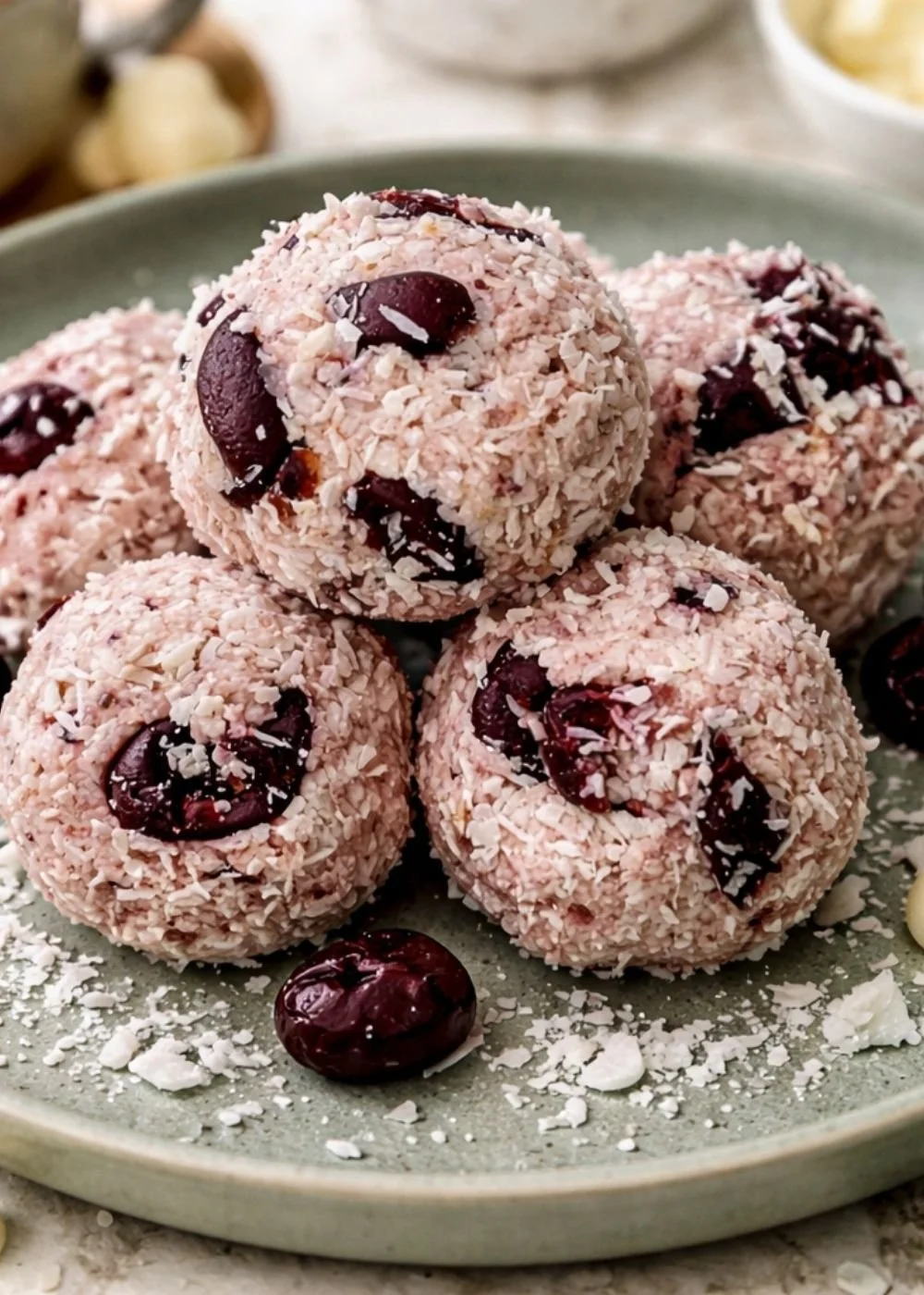 FIT white chocolate cherry and coconut bliss balls rolled in desiccated coconut and piled on a sage green plate
