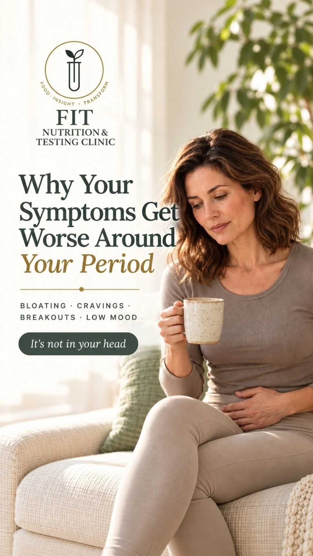 woman in beige holding cup of tea and clutching stomach