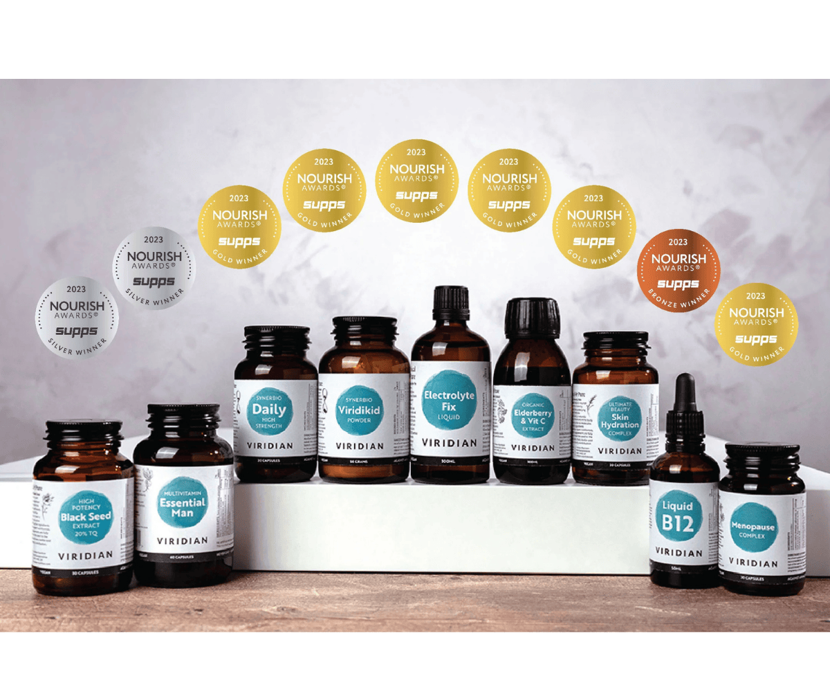 full range of award winning Viridian supplements with silver and gold award badges