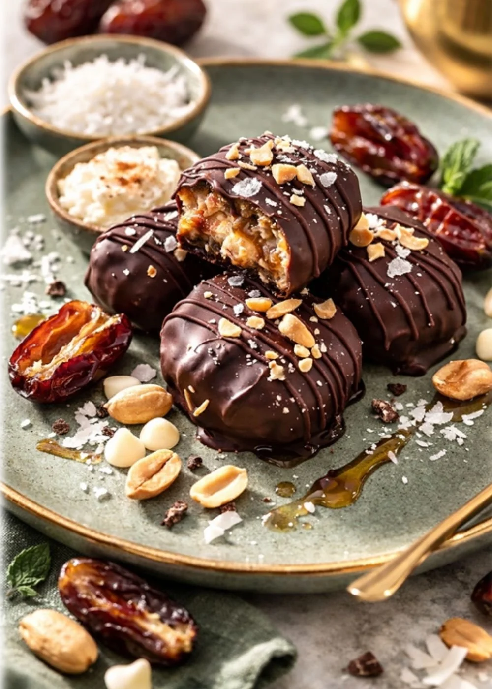 Some date snickers bites on a plate, the top one has been bitten into