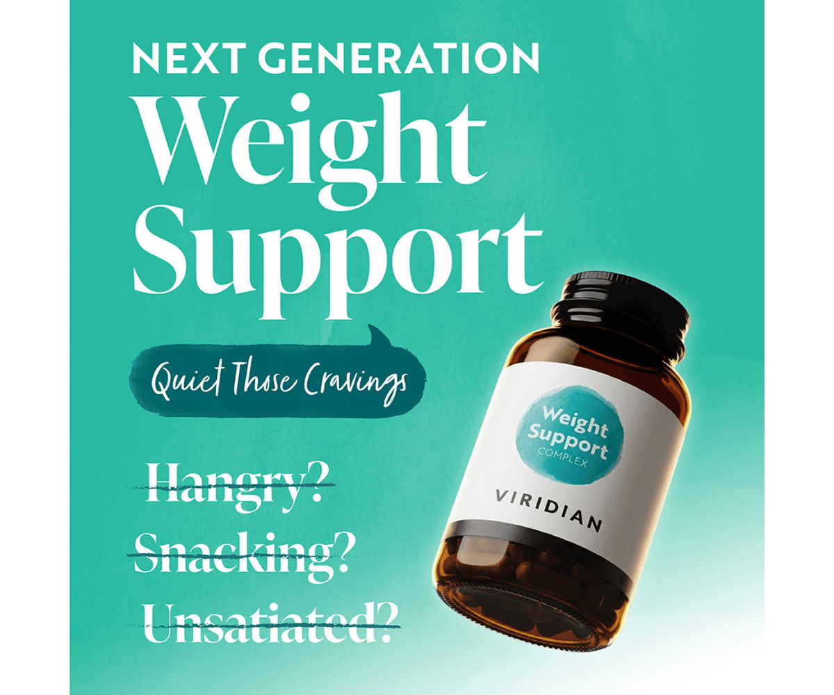 Viridian Weightloss support supplement with wording 'Quiet those cravings' and crossed out words - hangry, snacking and unsatiated