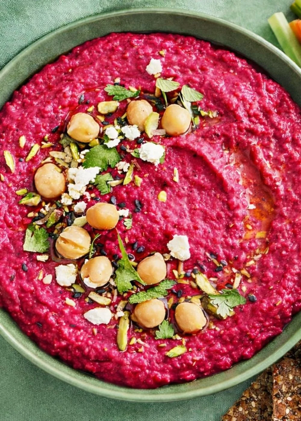FIT beetroot and feta whip in a sage green bowl topped with chickpeas, pistachios, fresh herbs and a drizzle of olive oil, served with seed crackers and vegetable sticks