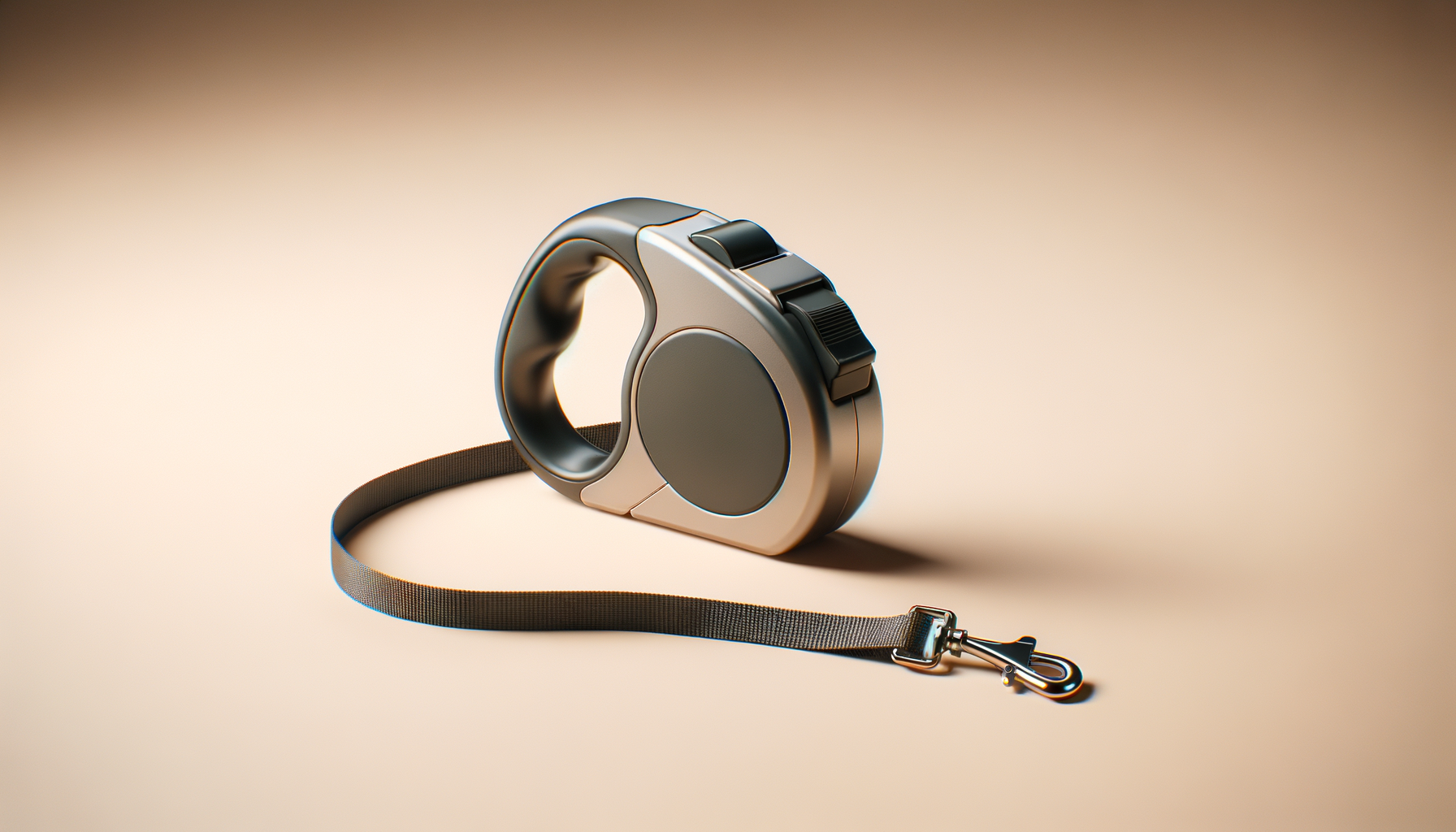 A modern retractable dog leash with a rounded handle and black control buttons lies on a neutral surface, with a metal clip at the end of the leash extending from the circular housing.