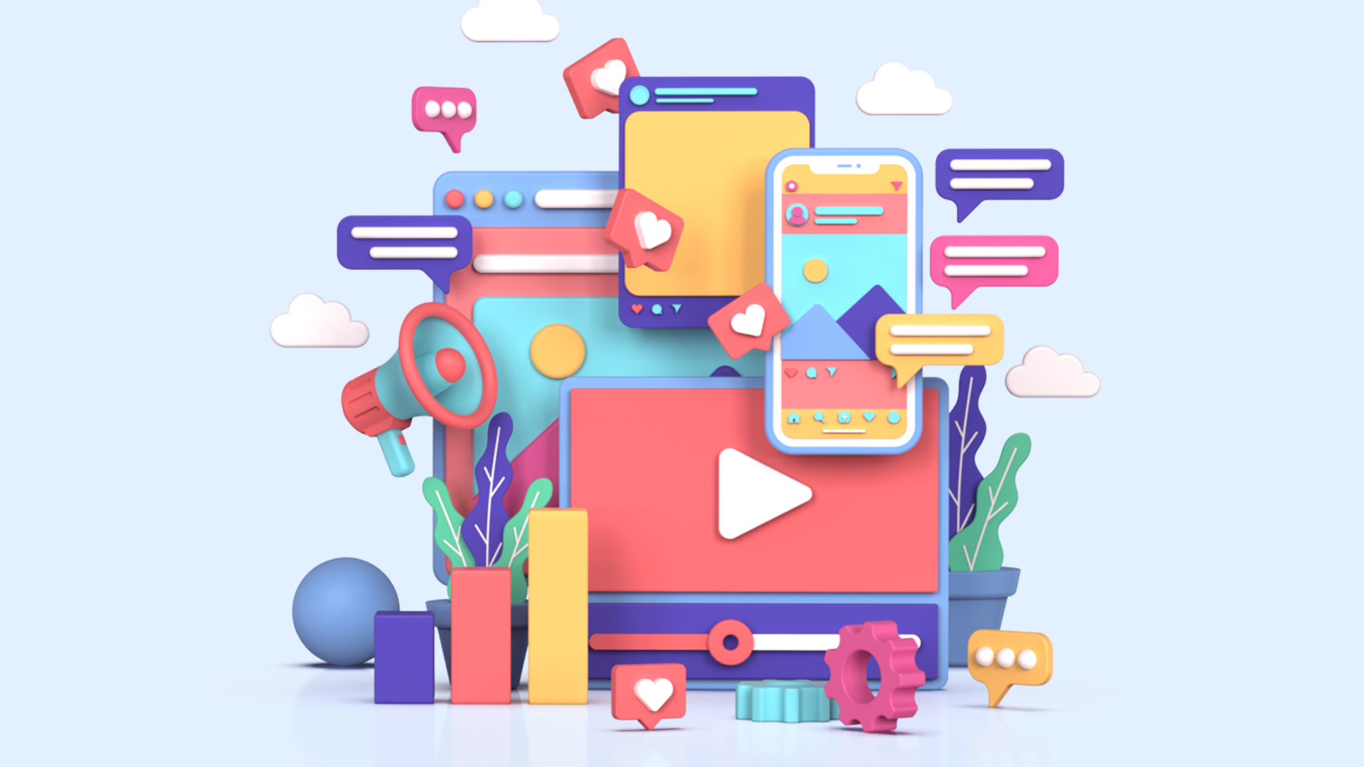 Ilustración 3D con un megáfono, reproductor de video, teléfono inteligente con redes sociales y gráficas de rendimiento sobre un fondo claro.