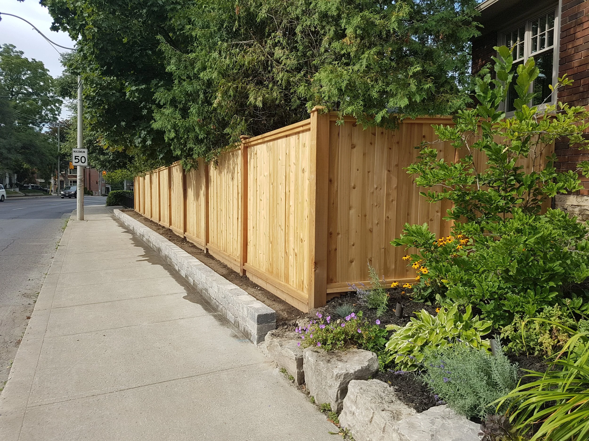 New wooden fence along the sidewalk next to a flowerbed with plants and rocks, on a residential street with trees and a house in the background.