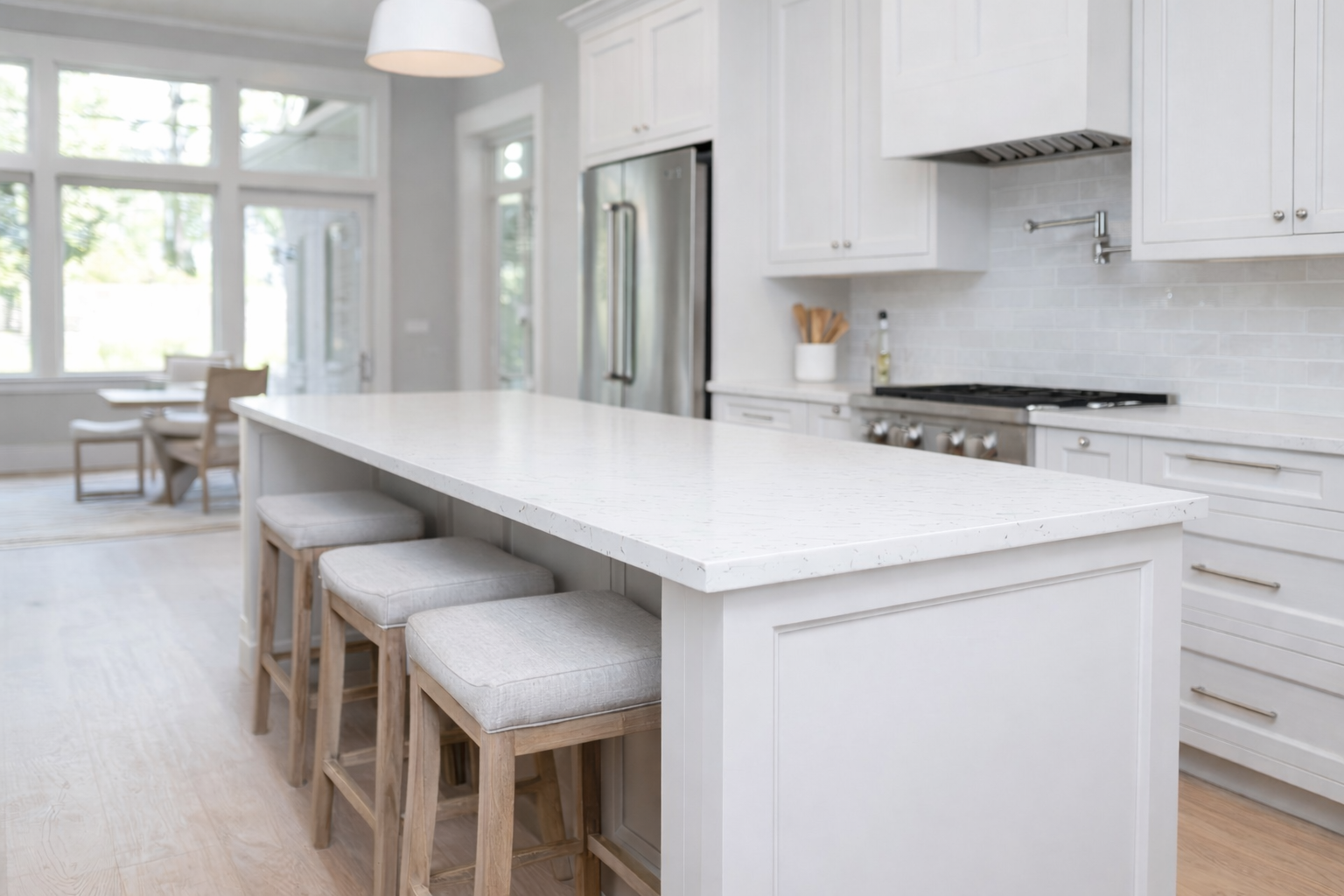 Bright, modern kitchen renovation with a large white marble island counter and four beige upholstered stools. The background shows white cabinetry, stainless steel appliances, large windows, and a dining area with a table and chairs.