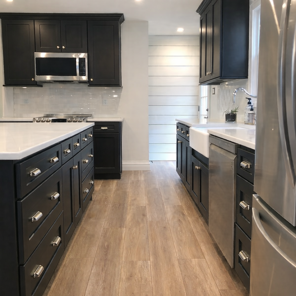A modern kitchen renovation with black cabinets, stainless steel appliances, white countertops, and wood flooring.