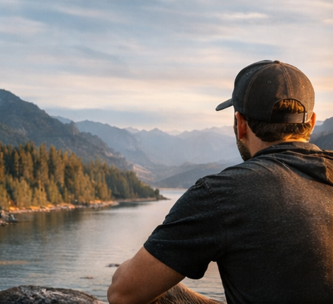 A man sitting outdoors by a river with mountains in the background, wearing a black cap and jacket, watching the scenery.