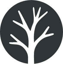 A simple white silhouette of a leafless tree on a black circular background.