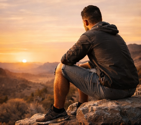 Man sitting on a rocky ledge watching the sunset over desert mountains.