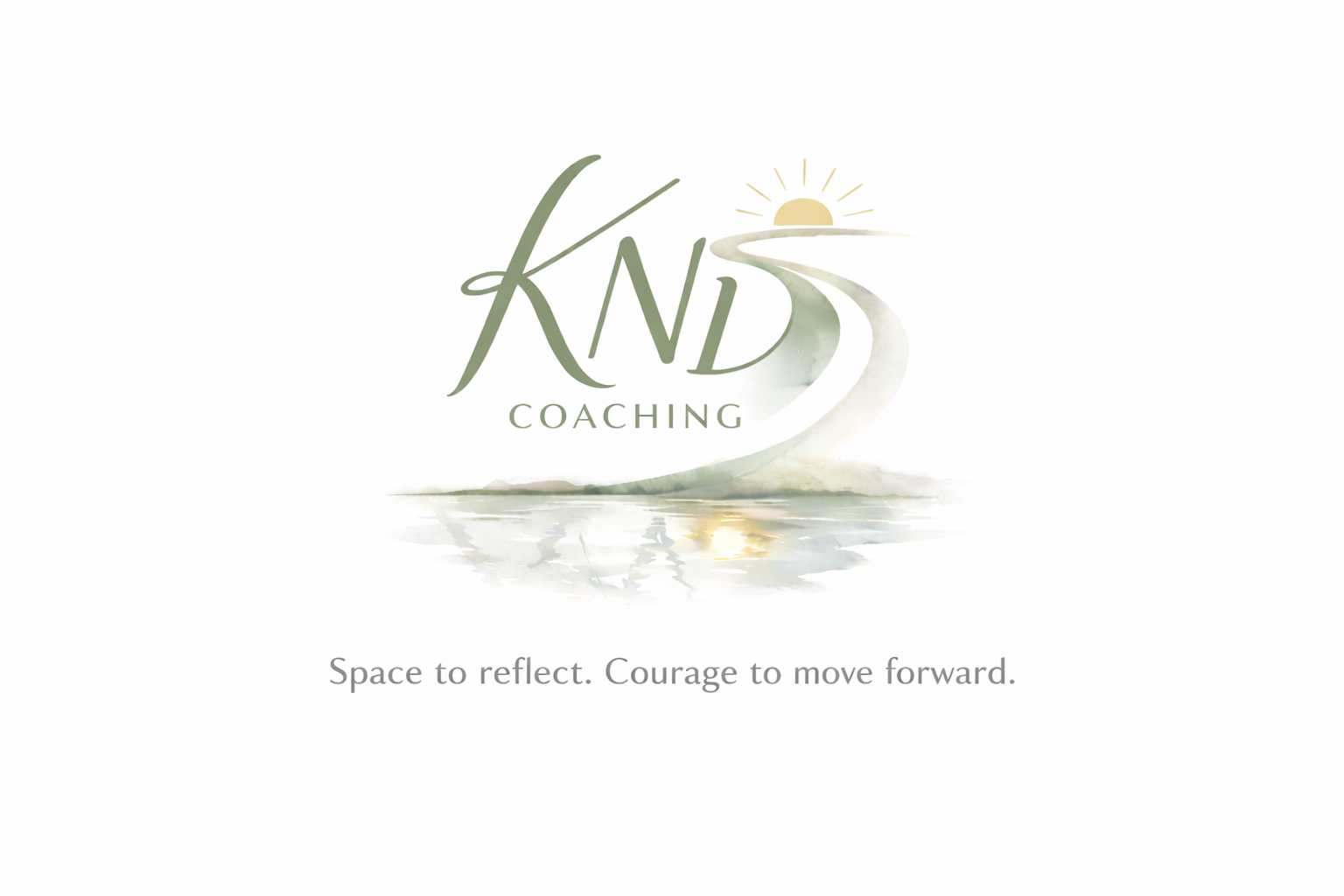 Logo for KND Coaching with a stylized winding path leading to a sunrise over water, and the words "KND Coaching" and the phrase "Space to reflect. Courage to move forward."