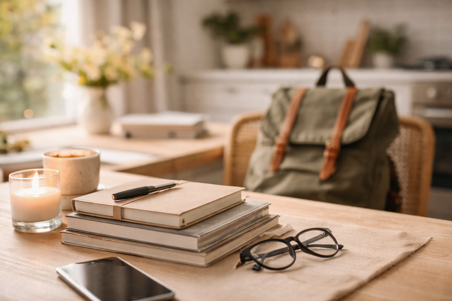 A wooden table with a stack of books, a black pen, eyeglasses, a smartphone, a lit candle, and a bowl of snacks. In the background, a green backpack is on a chair near a window with sunlight.