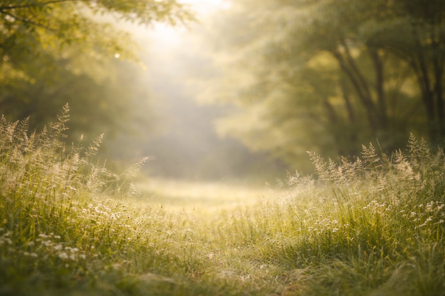Sunlight shining through trees onto a grassy forest path