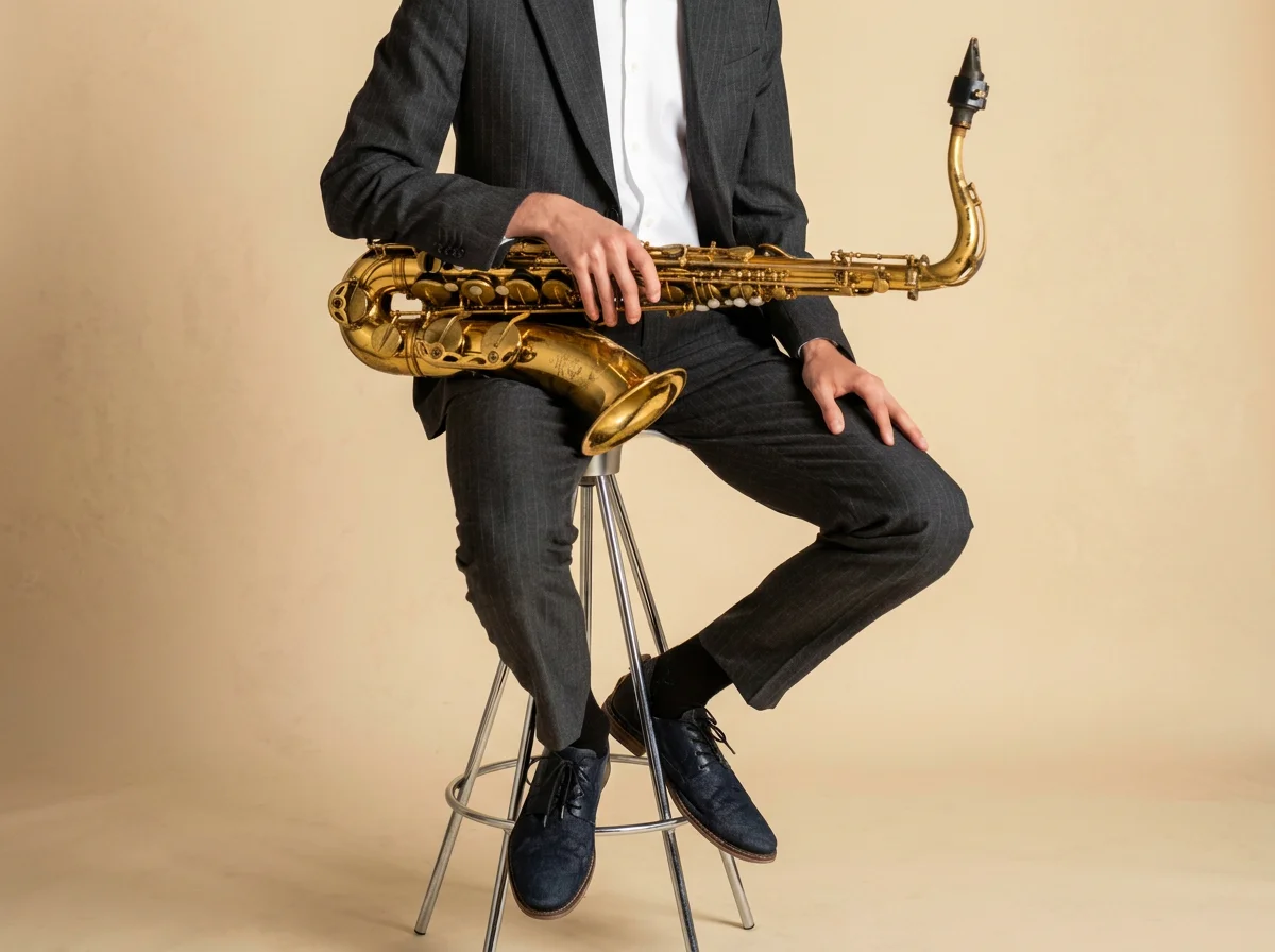 A man in a gray suit sitting on a metal stool, holding a gold saxophone with a black mouthpiece.