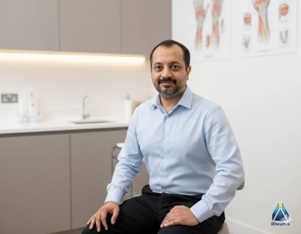 A man with a beard and mustache, wearing a light blue button-up shirt, sitting on a stool in a medical examination room. The room has a countertop with medical supplies, and anatomical charts on the wall, indicating it is a healthcare setting.
