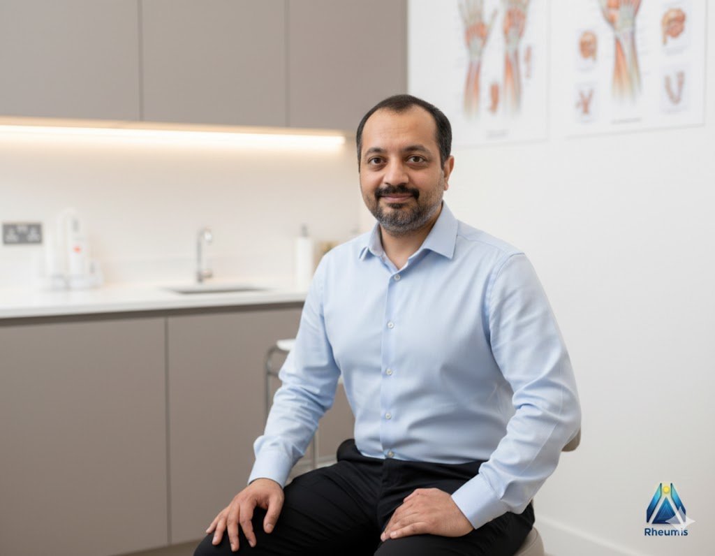 Rheumatology Physiotherapy Advanced Practitioner at Rheumis welcoming patients in a clinical consultation room