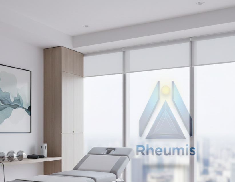 Modern medical examination room with a treatment table, representing with a Rheumis logo on the glass.