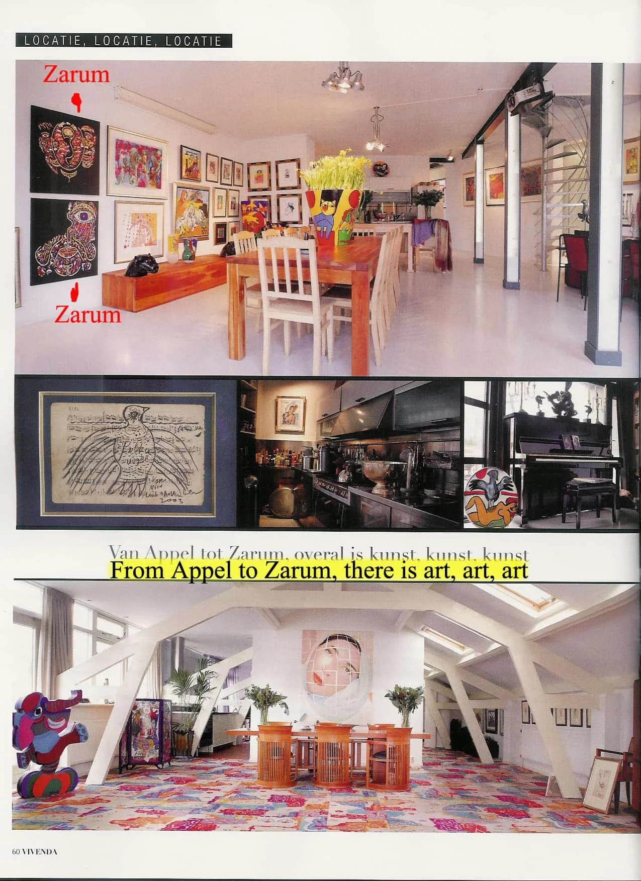 Collage of art and interior spaces, including a dining room with paintings labeled 'Zarum,' a kitchen area, and a modern room with a large portrait and decorative elements, highlighting the theme of art from Appel to Zarum.