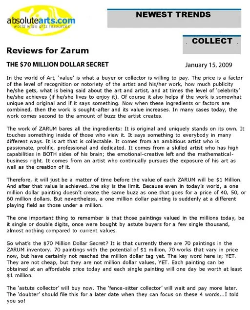 Text discussing reviews of the artist Zarum, and the $70 million dollar secret, dated January 15, 2009.