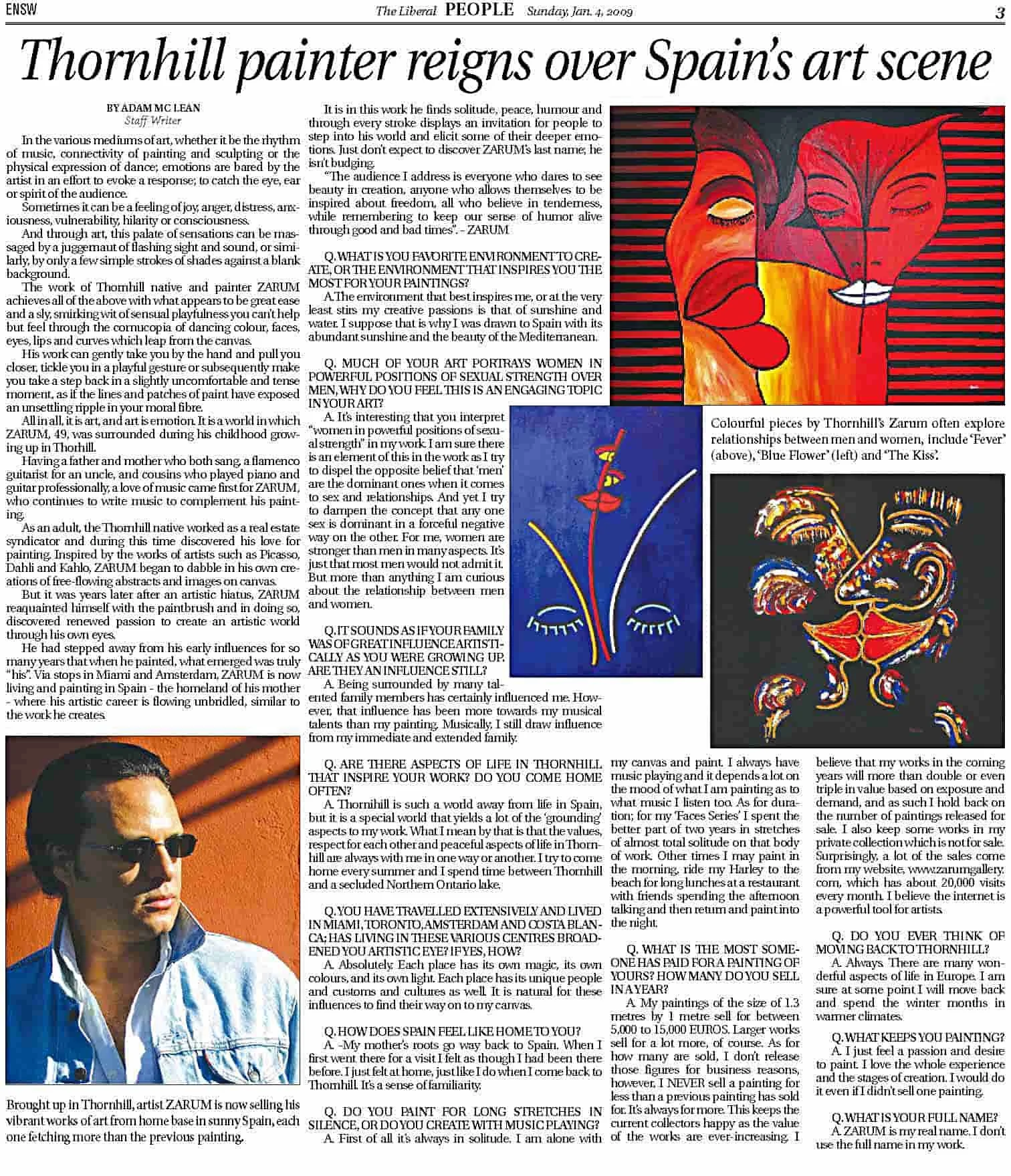 Photograph of Zarum in a newspaper article about Zarum titled 'Thornhill painter reigns over Spain's art scene,' with images of paintings, including a colorful face, and a portrait of a man wearing sunglasses.