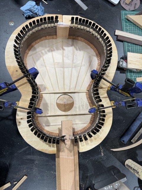 The 'piones' are glued around the whole circumference of the guitar adhering the soundboard to the sides. The strips of cedar are the glued around the circumference of the sides and held in place with these mini clamps until the glue dries