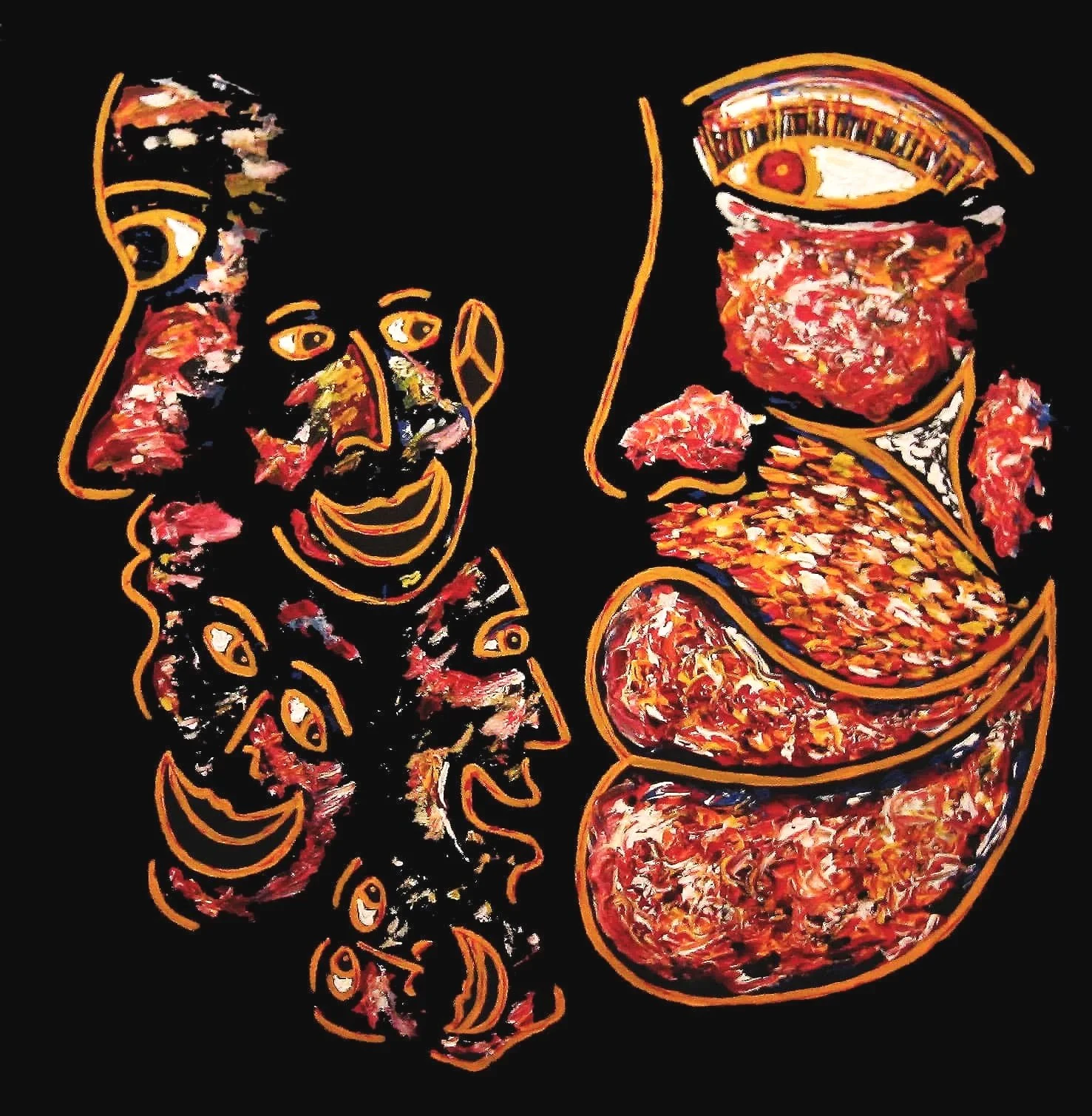 Title: Lovers and Friends    Medium: Acrylic on Canvas      Size: 90cm X 90cm
Lovers and Friends: The faces of lovers and friends some remain while others are memories, good or bad,  symbolized in this painting by the one face which looks away from t