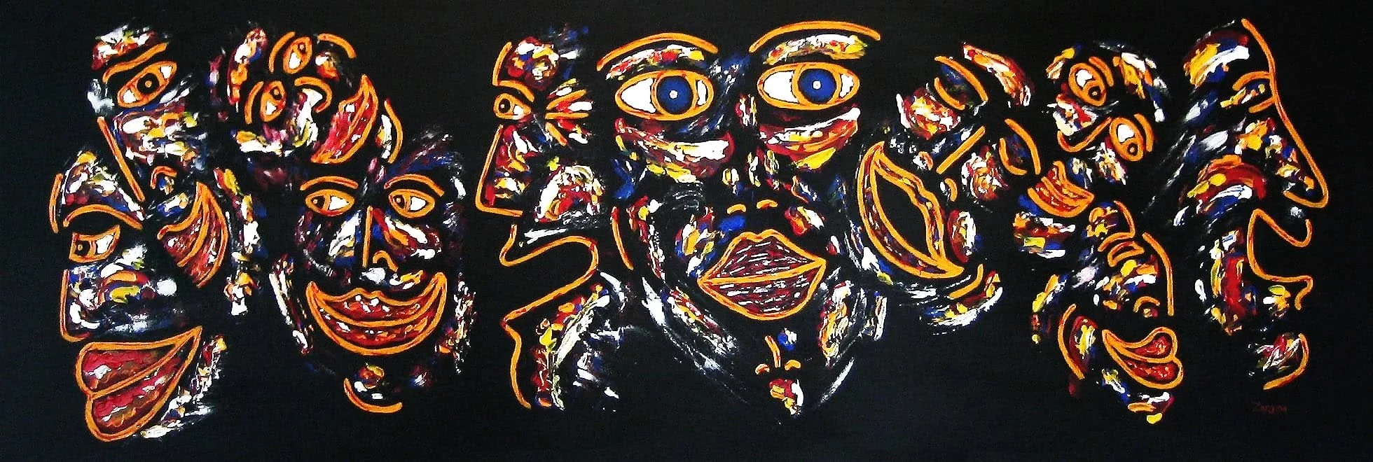 Title: Laughter All Around Me   Medium: Acrylic on Canvas      Size: 170cm X 50cm

Laughter All Around Me: This painting is self explanatory in its images. The ‘Me’ is the large central face surrounded by many laughing faces. The most often question 