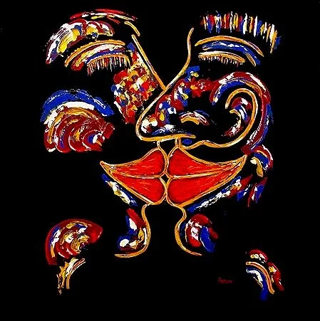 Title: The Kiss      Medium: Acrylic on Canvas      Size: 90cm X 90cm

The Kiss:  I had a simple image of two lips kissing. I drew the lips and then the noses simply grew from that point. I then wanted to distinguish the male from the female so I gav