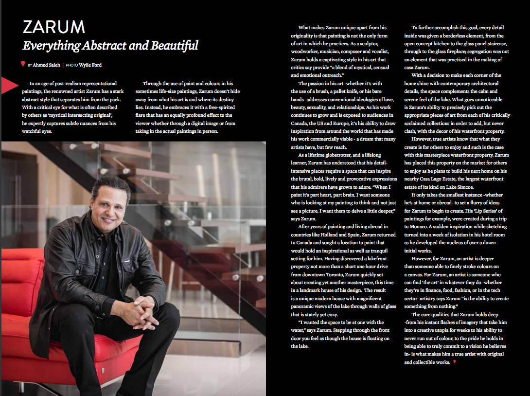 A magazine page featuring an interview with artist ZARUM. The page includes a photo of ZARUM sitting on a red couch, wearing a black jacket, with a staircase in the background. The text discusses ZARUM's artistic style, inspirations, and achievements.