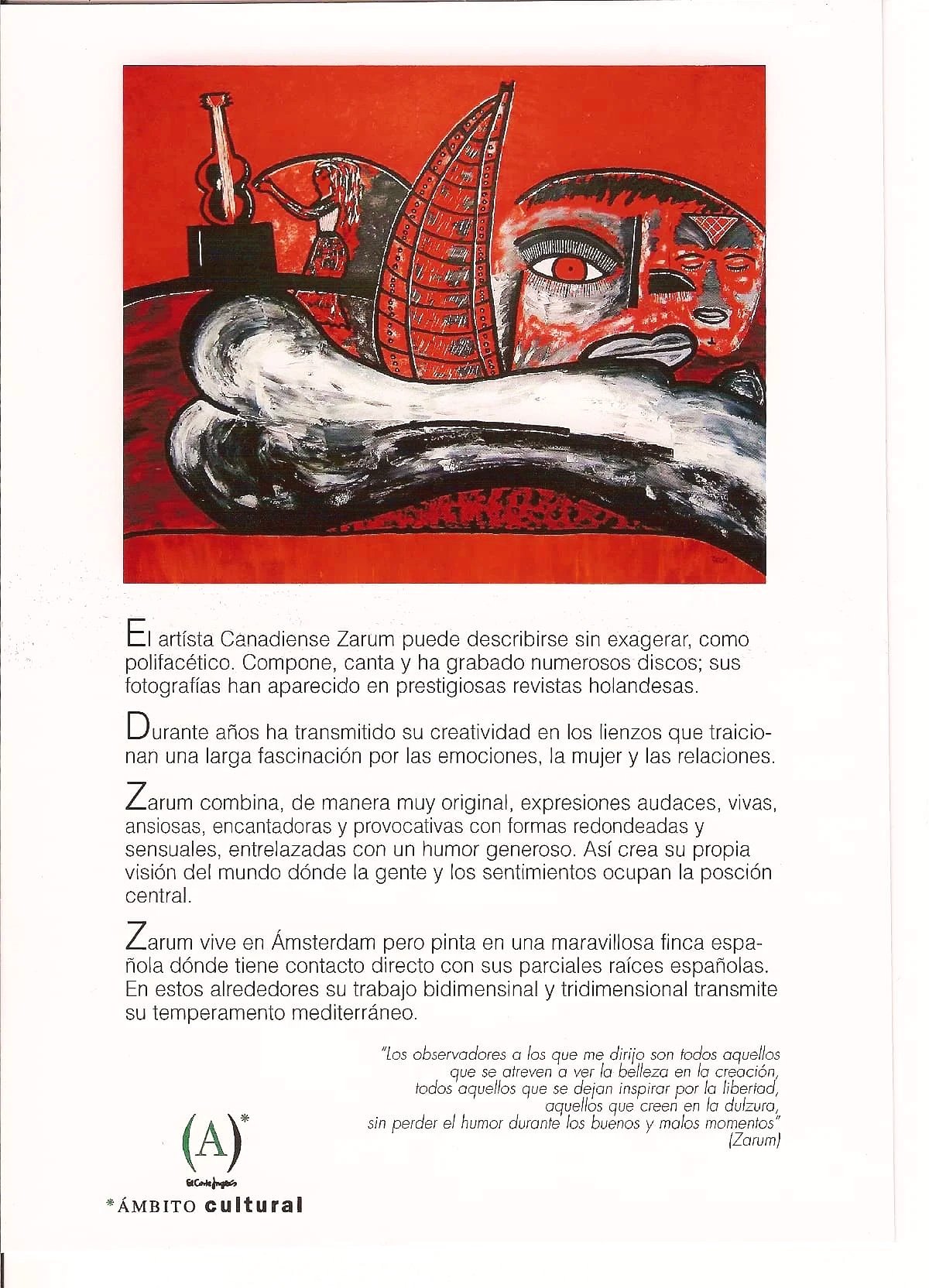 A colorful ZARUM abstract painting with bold lines and shapes, featuring human and animal faces, a guitar, and various symbolic elements set against a red background. Part of the invitation to the El Corte Englise sponsored ZARUM Art Exhibit.