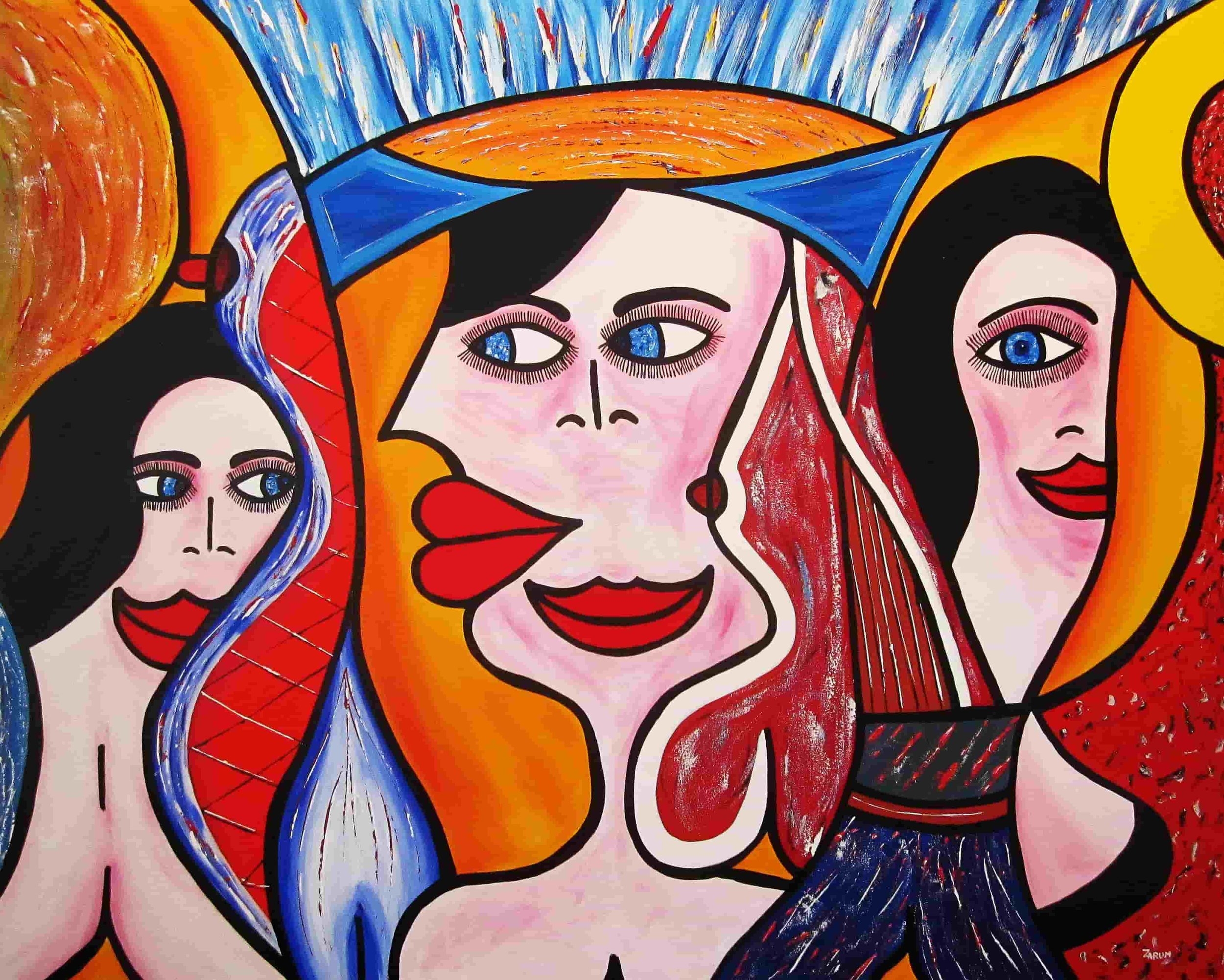 Title: The Hierarchy of Women     Medium: Acrylic on Canvas      Size: 153cm X 122cm

The Hierarchy of Women:  The woman on the right appears like the mother of all Divas. She has a serious, unshaken, but soft look in her eyes and half a smile on hal