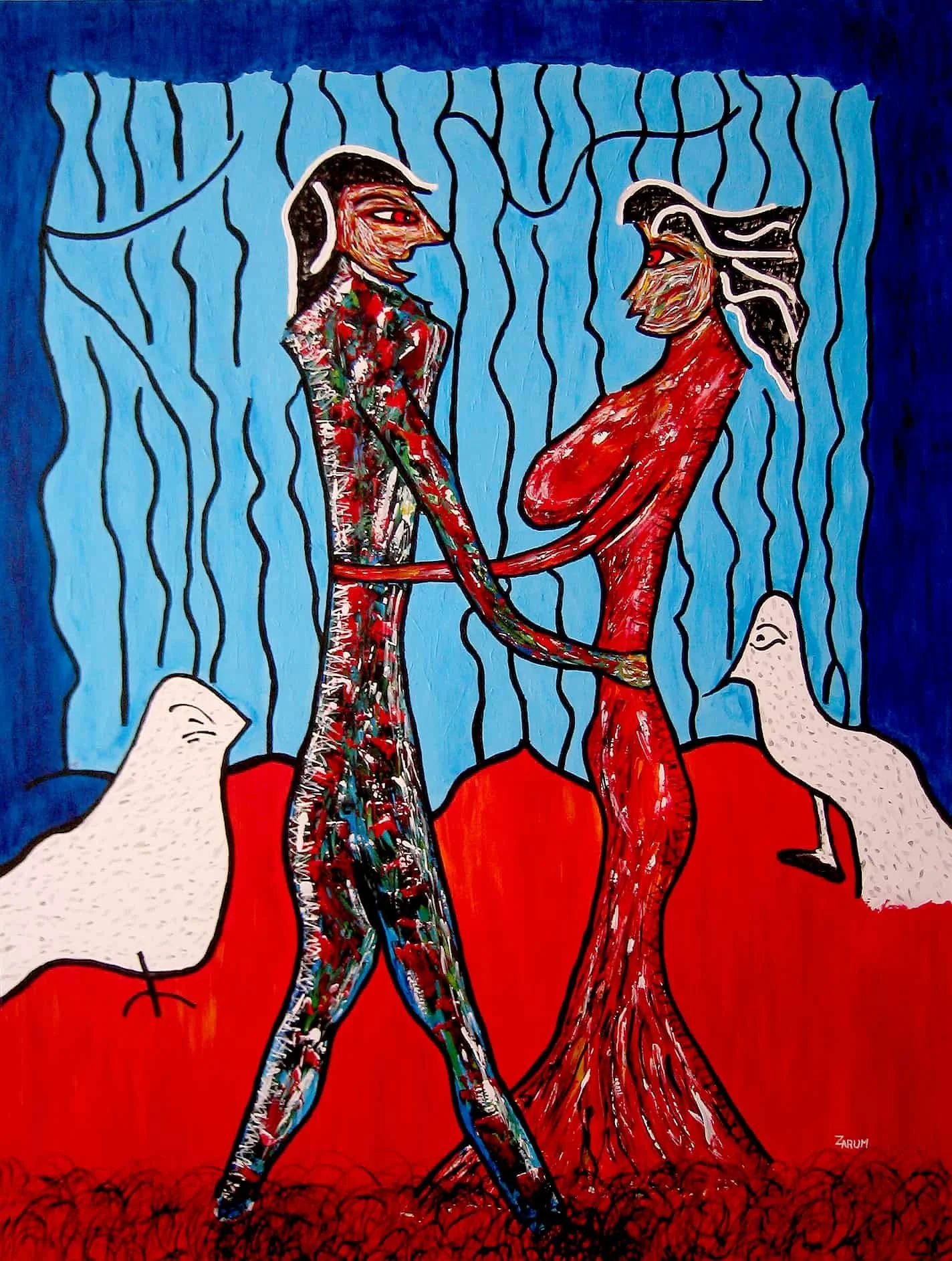 Title: Tango     Medium: Acrylic on Canvas      Size: 130cm X 97cm

Tango: I took in a live stage show while in Dubai of a group of South American dancers who did a show around the theme of the tango. Later that evening I awoke and sketched the image