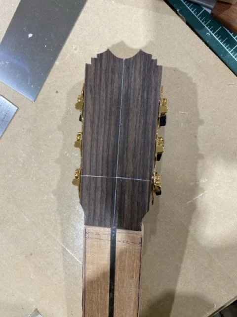 The head shown after the cutting of the ZARUM head design unique to Zarum Guitars