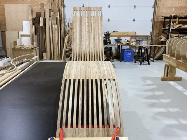 Zarum woodworking skills. Ash strip lounger. The ash strips are steam bent to take the final shape