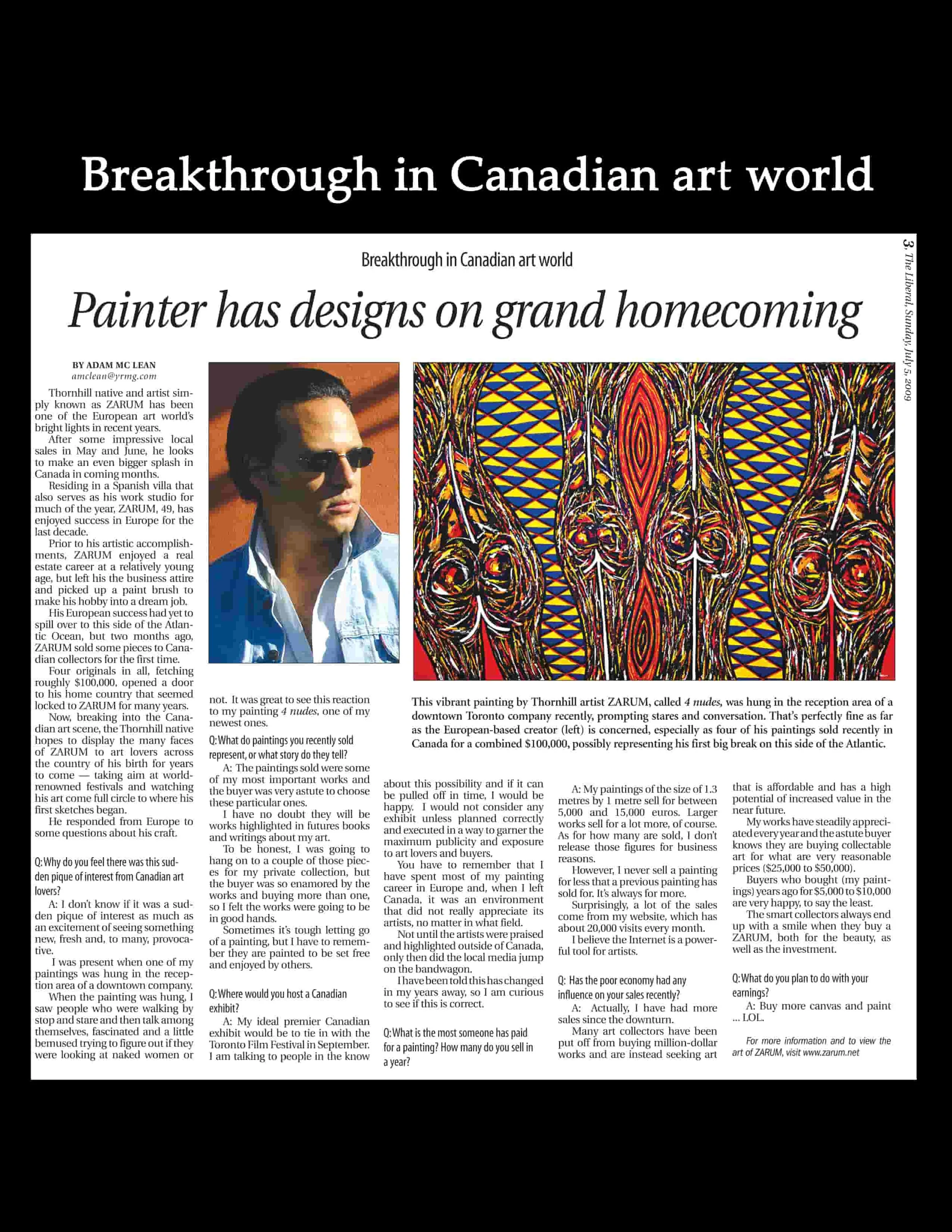 Newspaper article titled "Breakthrough in Canadian art world" featuring a photo of a man wearing sunglasses and a colorful abstract painting by Thornhill artist ZARUM.